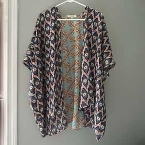 Umgee Open Kimono Cardigan Women's M Blue Orange Geometric Casual